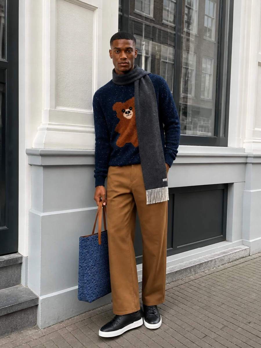 Moschino teddy sweater camel trousers outfit