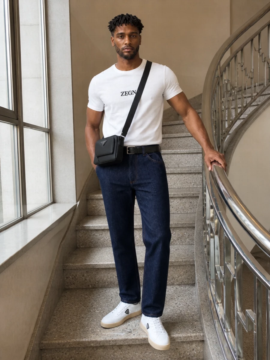 Zegna tee dark indigo trousers prada sneakers