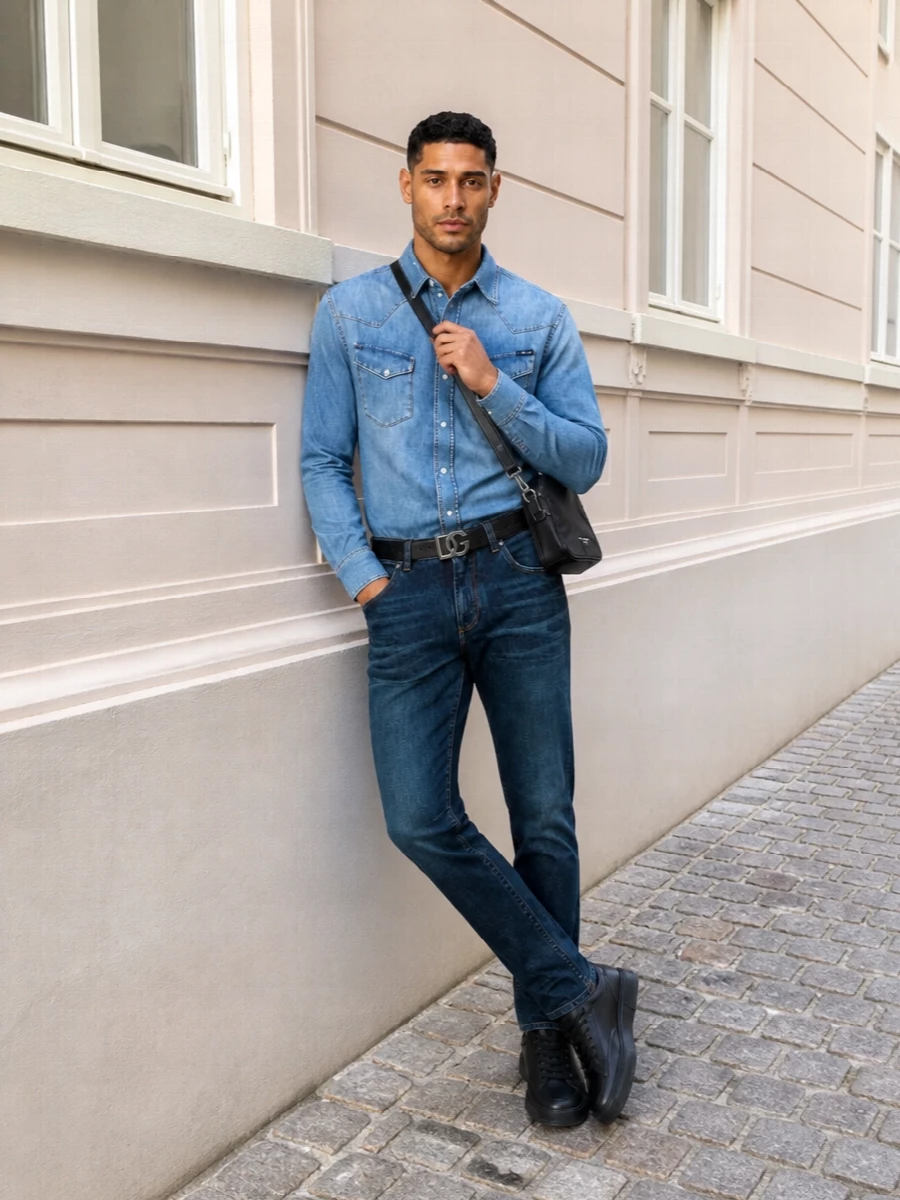 Dark indigo denim is paired with a softly faded Western shirt for a tonal, modern spin on double denim that feels intentional rather than nostalgic. Clean black sneakers, a structured belt and a compact crossbody pull the palette into a sharper, city-ready place without losing that relaxed ease. The result is slim, streamlined and confident, perfect for off-duty days that still need a bit of polish.