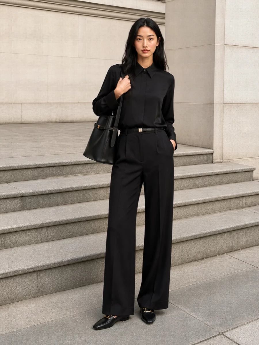 A long, fluid black shirt pairs with wide-leg tailored trousers for a clean column of quiet black, all about ease with precision. The pointed loafers sharpen the volume, while a structured bucket bag and slim belt add just enough architecture. It is modern city tailoring that feels composed, minimal and deliberately understated from morning to late dinner.