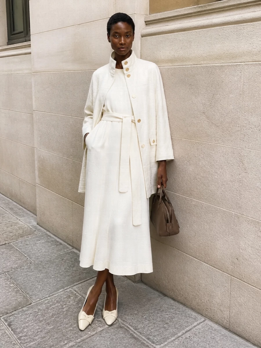 Max mara ivory cape belted midi dress outfit