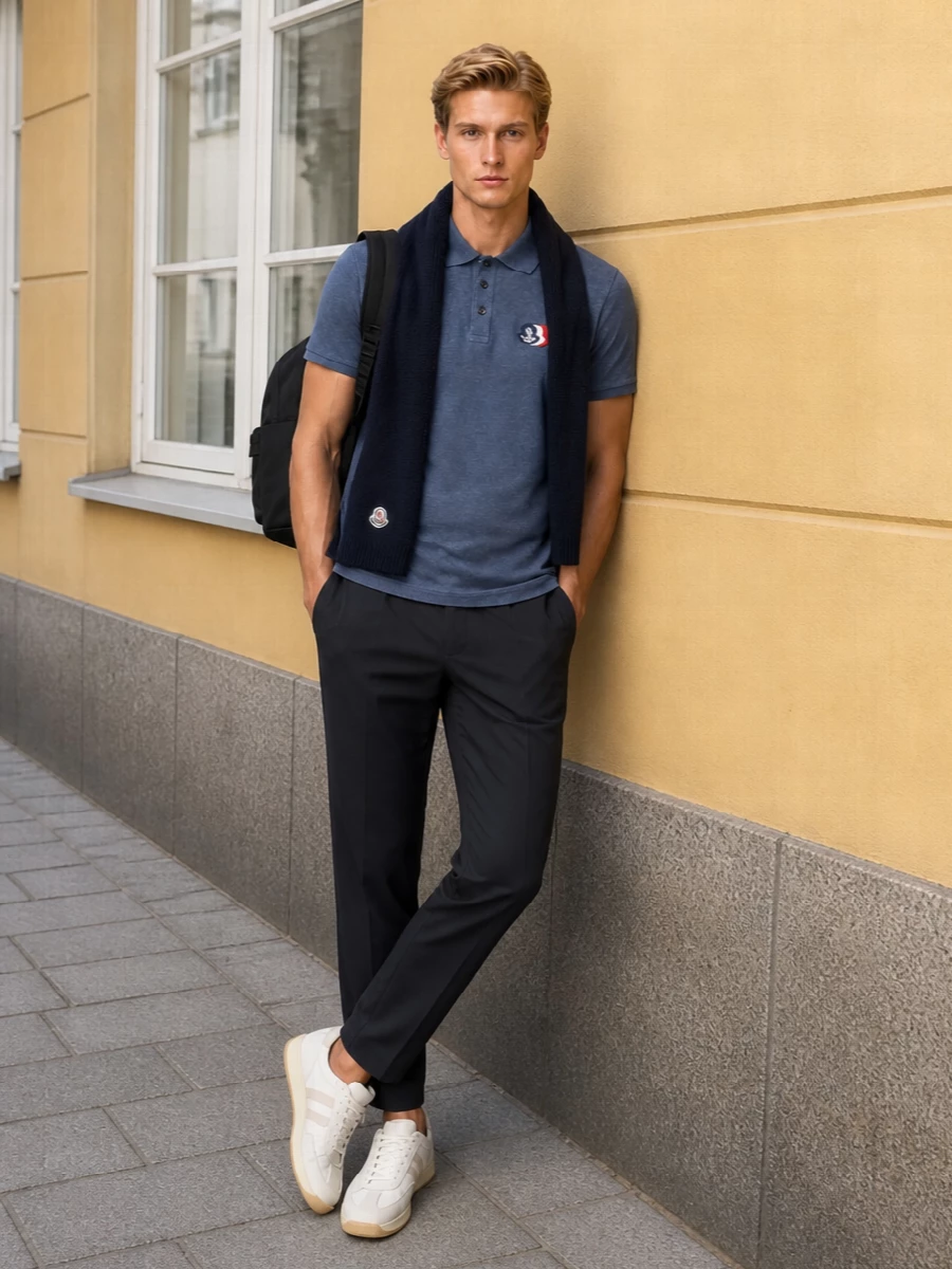 Moncler polo navy trousers white sneakers outfit