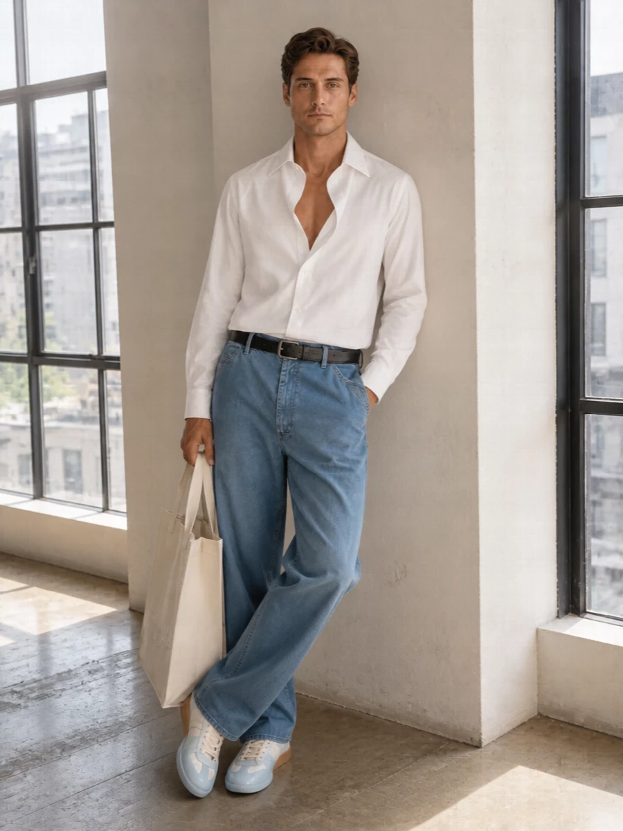 Maison margiela wide leg trousers white shirt sneakers