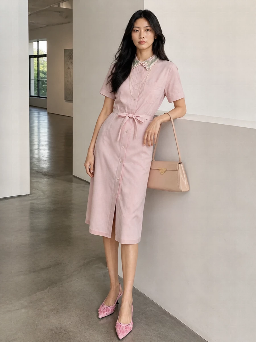 Prada blush shirt dress pink kitten heels outfit