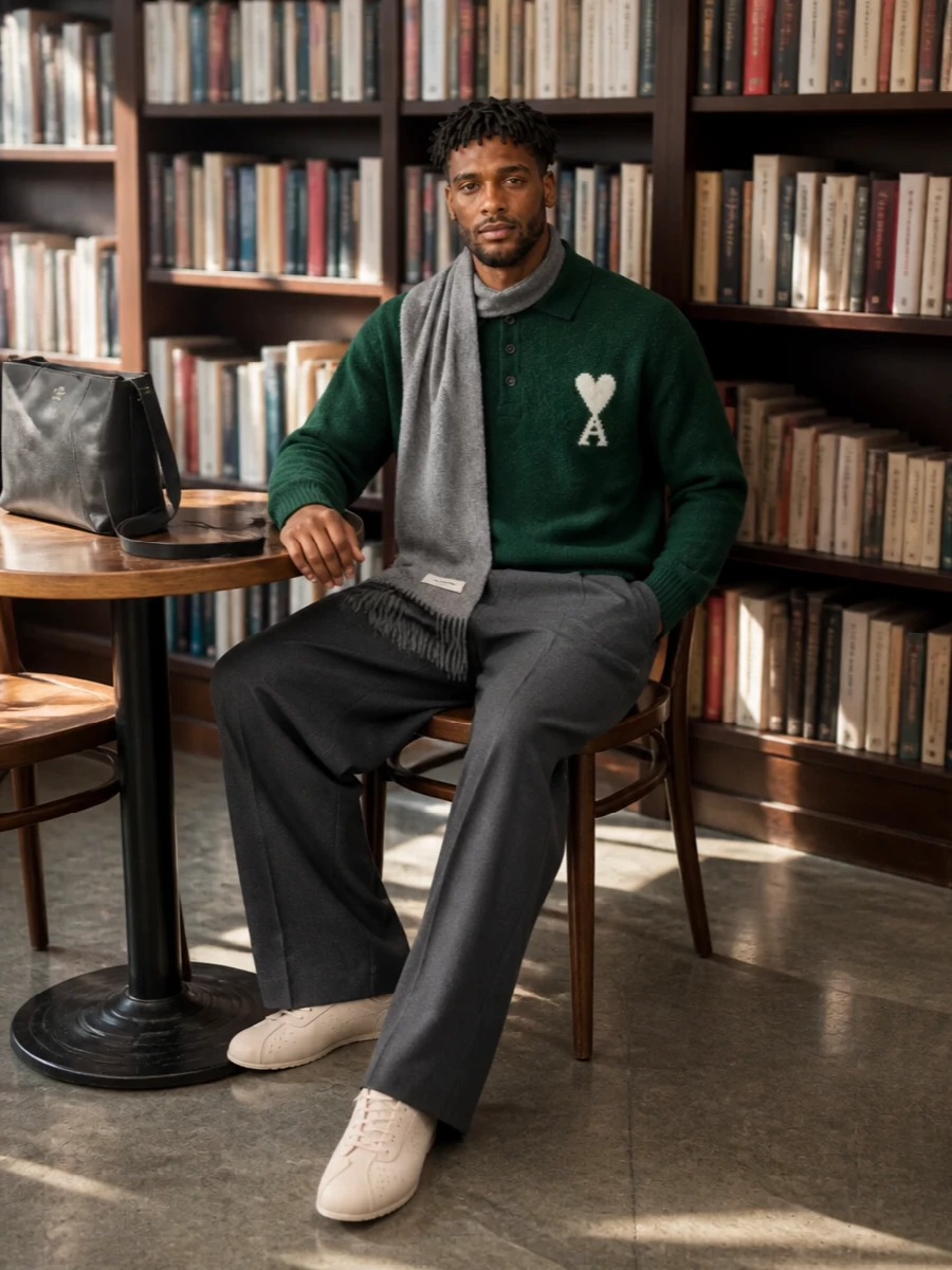 Ami green polo sweater wide leg trousers men