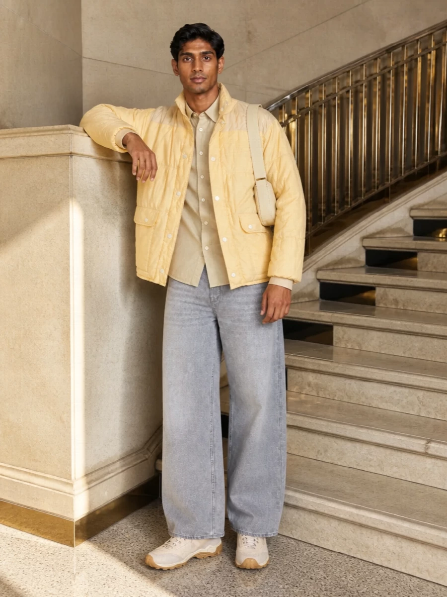 Our legacy quilted jacket wide leg jeans outfit