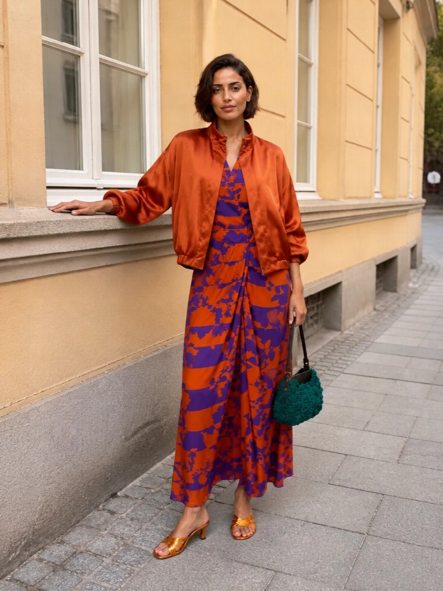 Dries van noten orange bomber wrap dress outfit