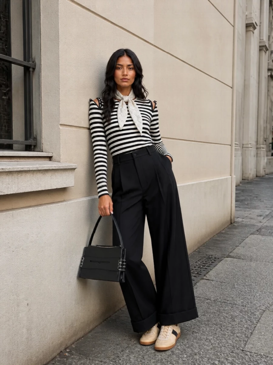 Junya striped top black wide leg trousers