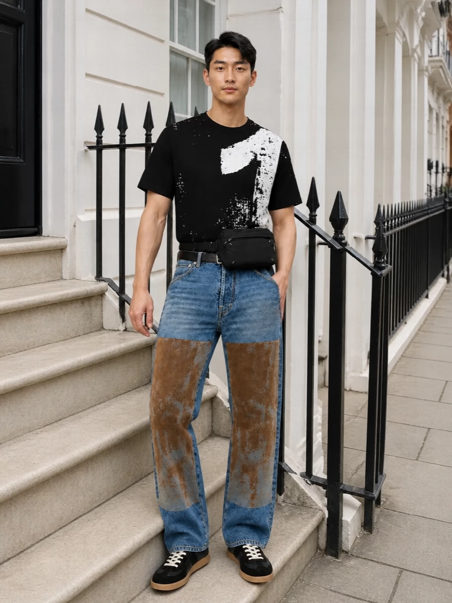 Maison margiela wide leg jeans black graphic tee