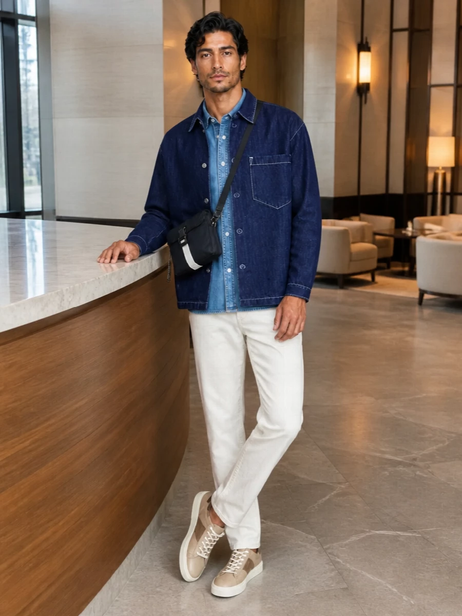 Dark indigo on top, softened by a washed blue shirt and grounded with off-white denim, keeps this denim story sharp instead of heavy. Neutral leather sneakers and a technical crossbody lean it urban and functional, ideal for warm-weather city days where you want structure without stiffness.