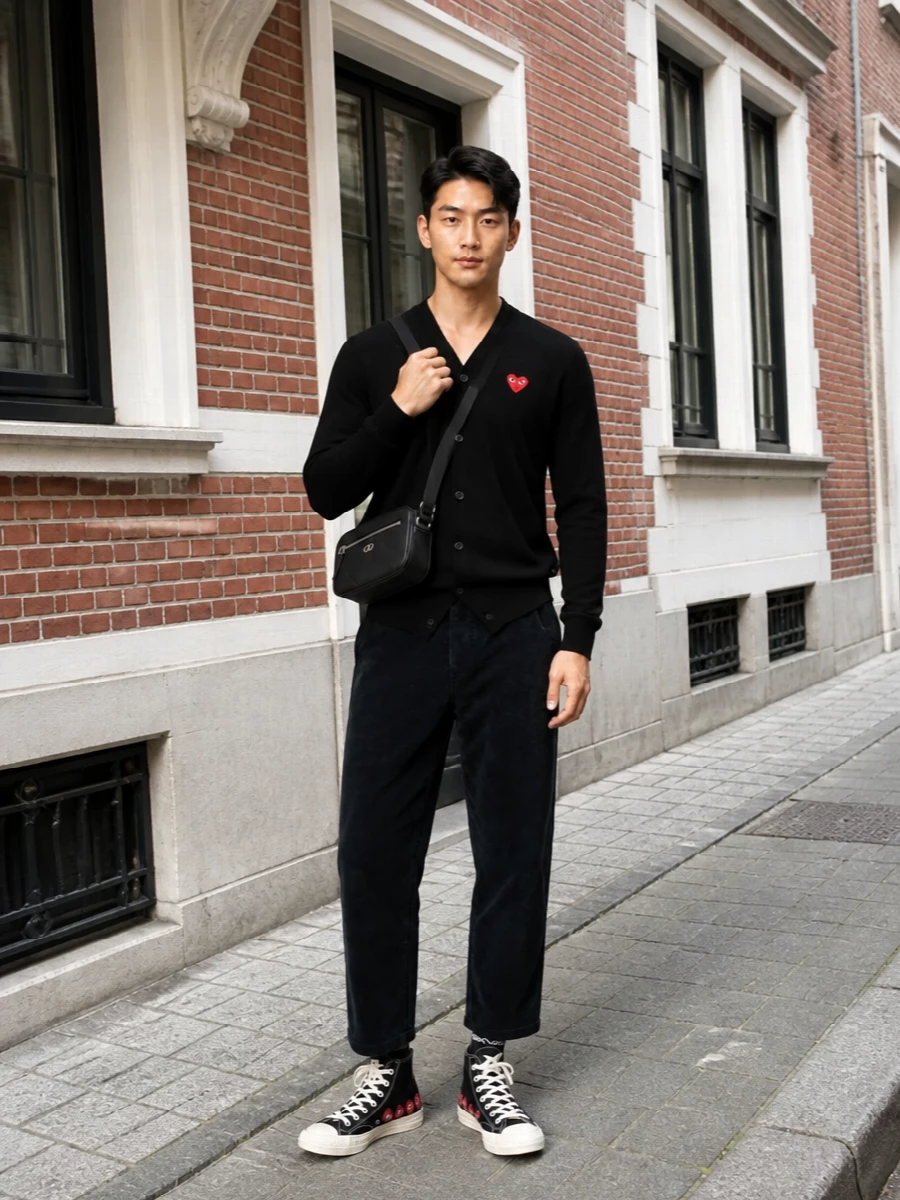Cdg play cardigan with corduroy pants