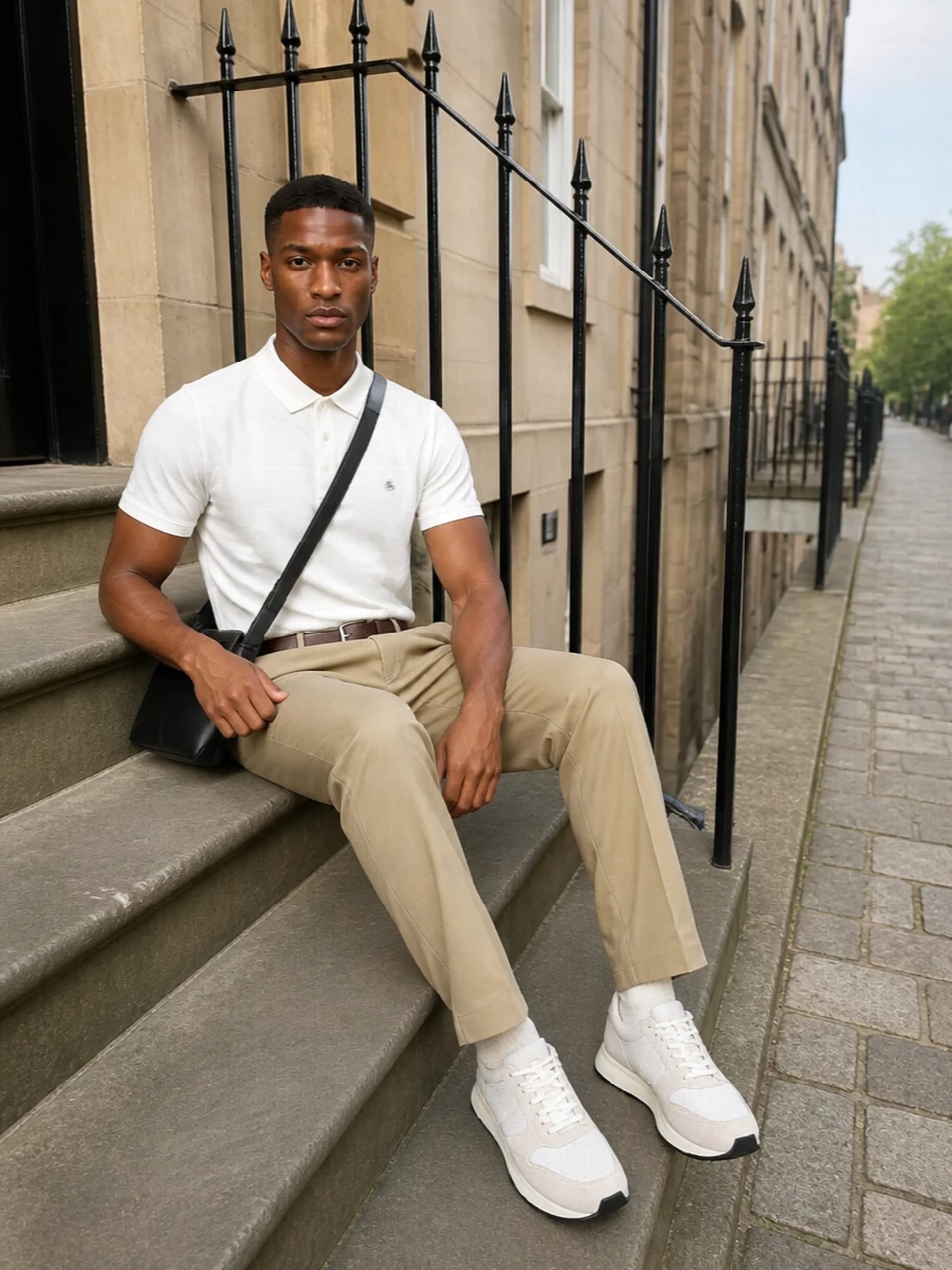 Boss white polo khaki chinos off white sneakers