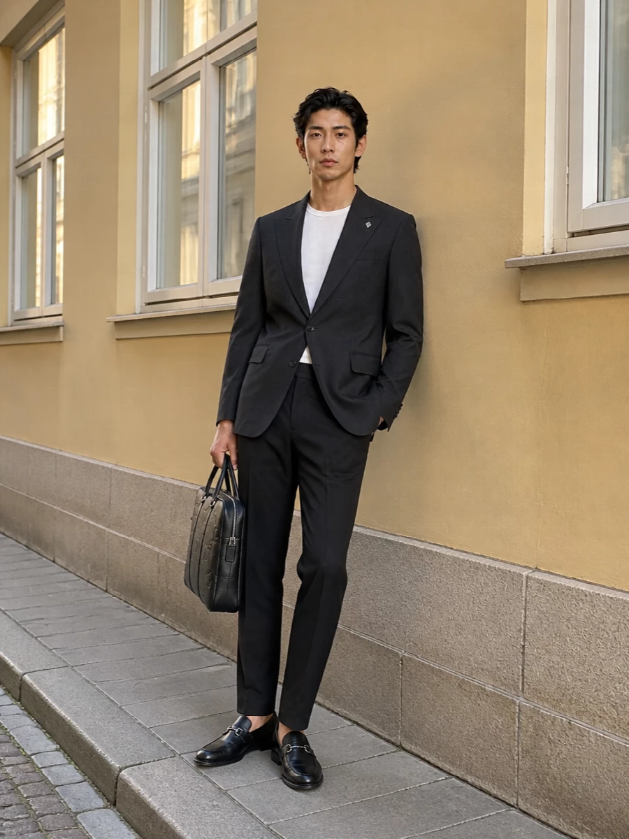 Gucci charcoal blazer black trouser outfit
