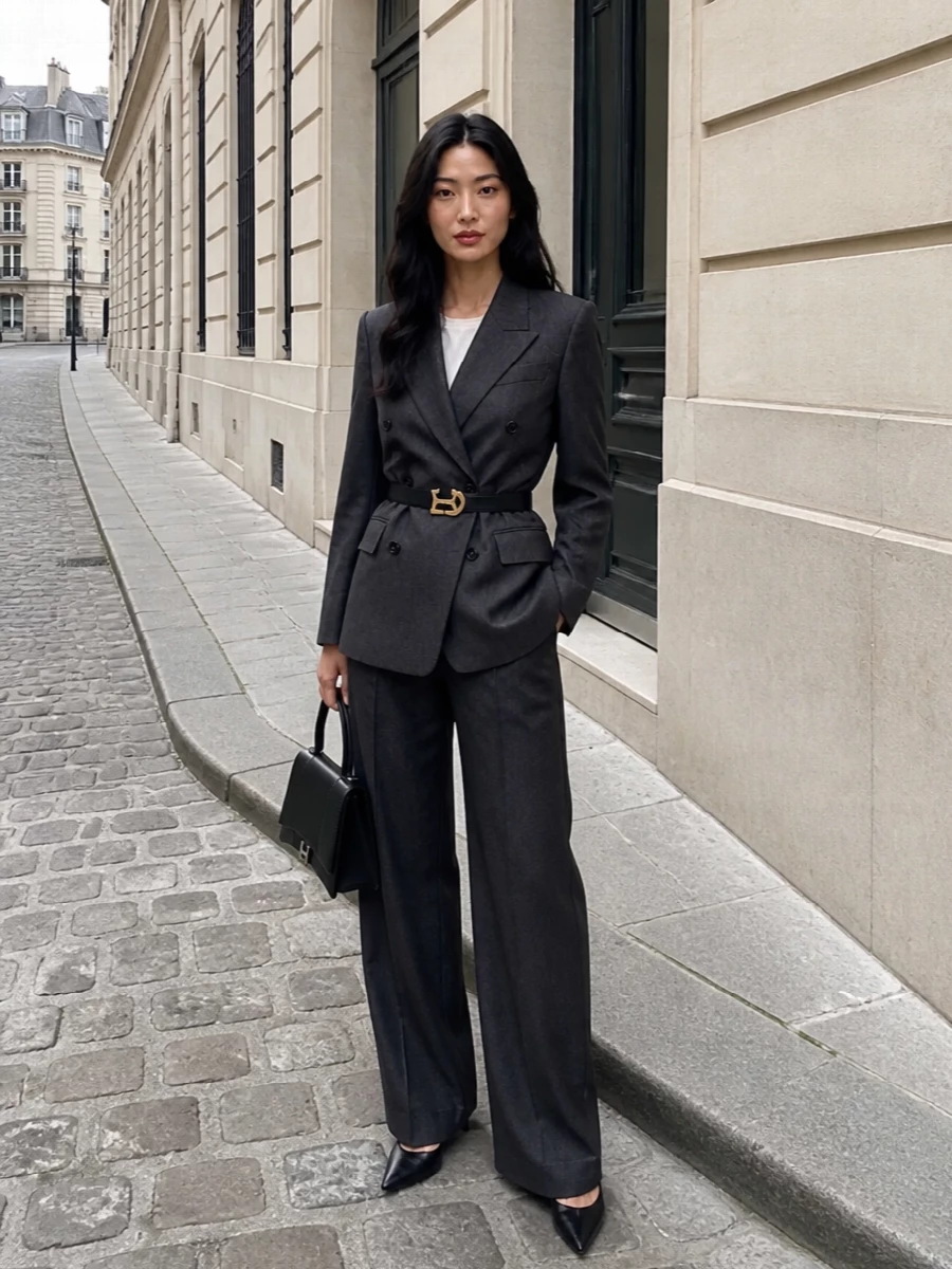 A charcoal double-breasted blazer meets matching high-waisted wide-leg trousers for a precise, elongated Balenciaga suit moment. Sharp black pumps and a structured top-handle bag keep the mood controlled and urban, while a slim logo belt subtly marks the waist. It is a quietly assertive uniform for boardroom days that turn into late dinners.