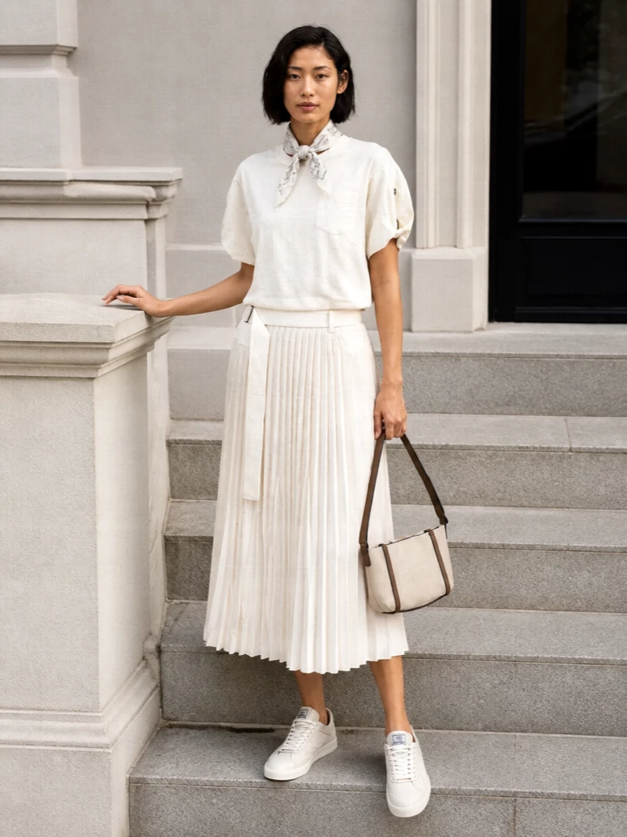 Sacai tee ivory pleated skirt chloe sneakers