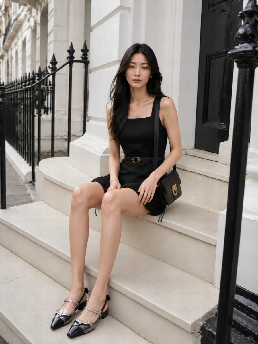 A clean black mini with a bubble hem is sharpened at the waist by a slim logo belt, keeping the line lean and sporty. Pointed slingback flats and a structured black flap bag keep everything grounded yet city ready. Pearl studs add just enough gloss at the face without diluting the minimalist mood.