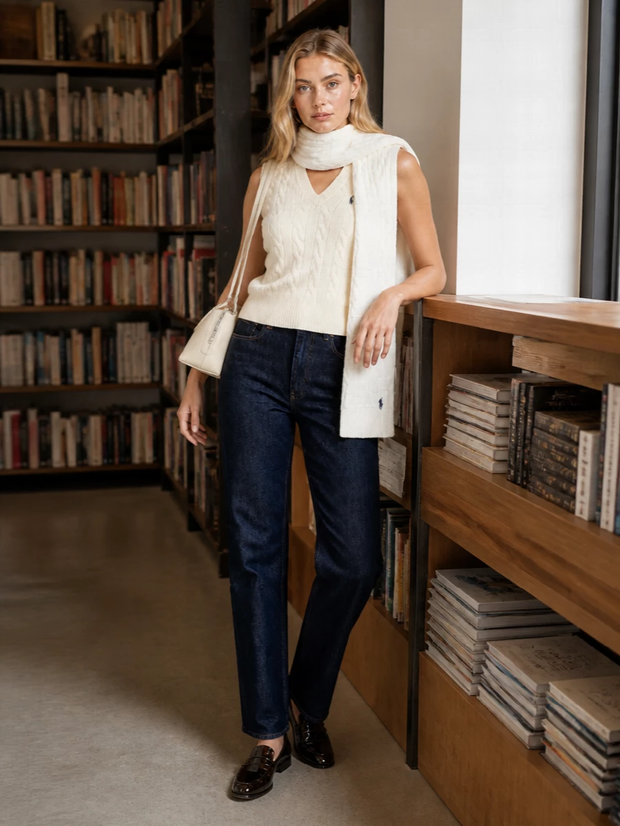 Ralph lauren cable vest dark jeans loafers