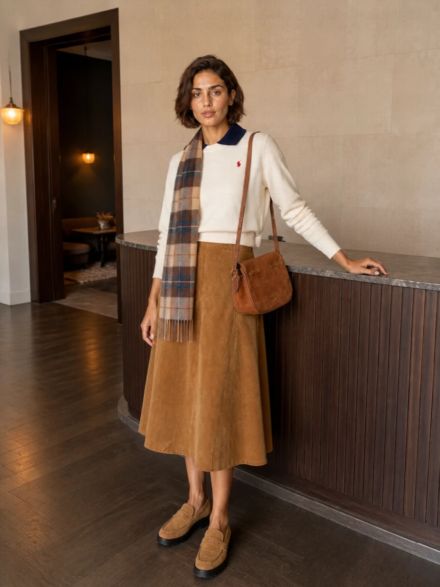 Cream, navy and camel come together in a quietly collegiate mix that feels relaxed yet put together. The collared knit stays sharp against the soft swing of the corduroy midi, while chunky suede loafers and a suede shoulder bag keep the palette warm and grounded. A brushed tartan scarf finishes the outfit with a heritage note and just enough pattern to stay interesting without losing its minimal preppy character.