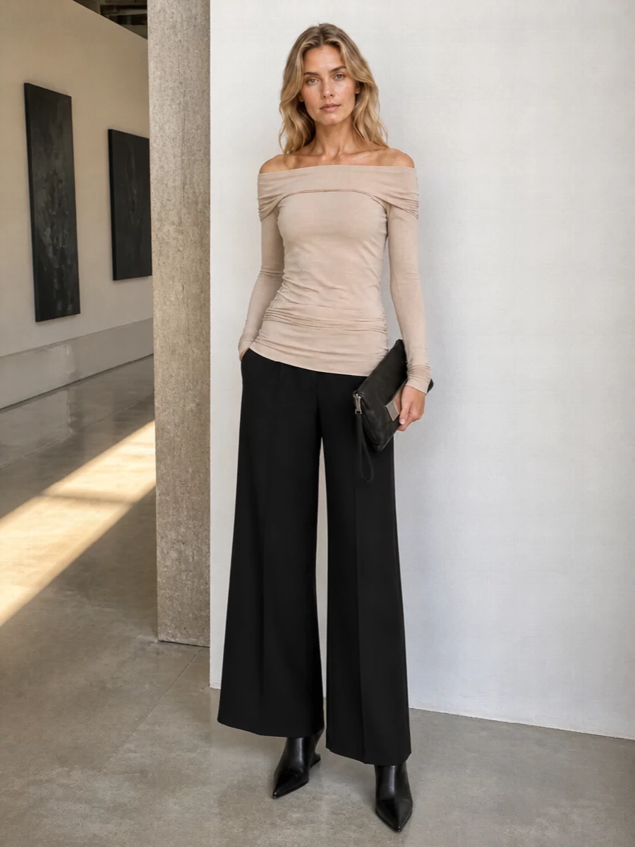 Rick owens off shoulder top black wide leg pants
