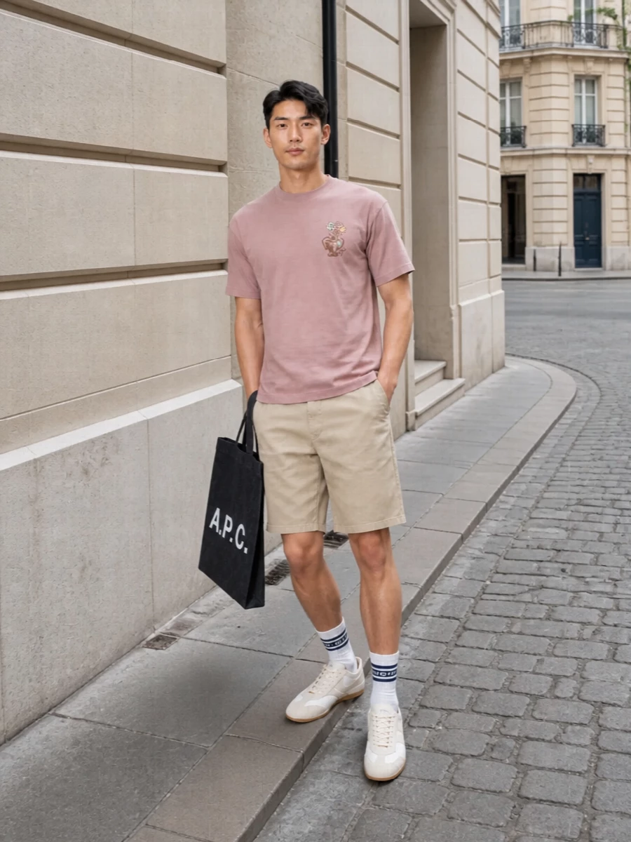 Dusty rose and light beige set a calm, soft toned base that feels relaxed but considered. Clean chino shorts and low profile runners keep the silhouette simple, while the logo tote and striped socks bring just enough street detail. It is an easy warm weather city uniform that balances gentle colour with quiet designer touches.