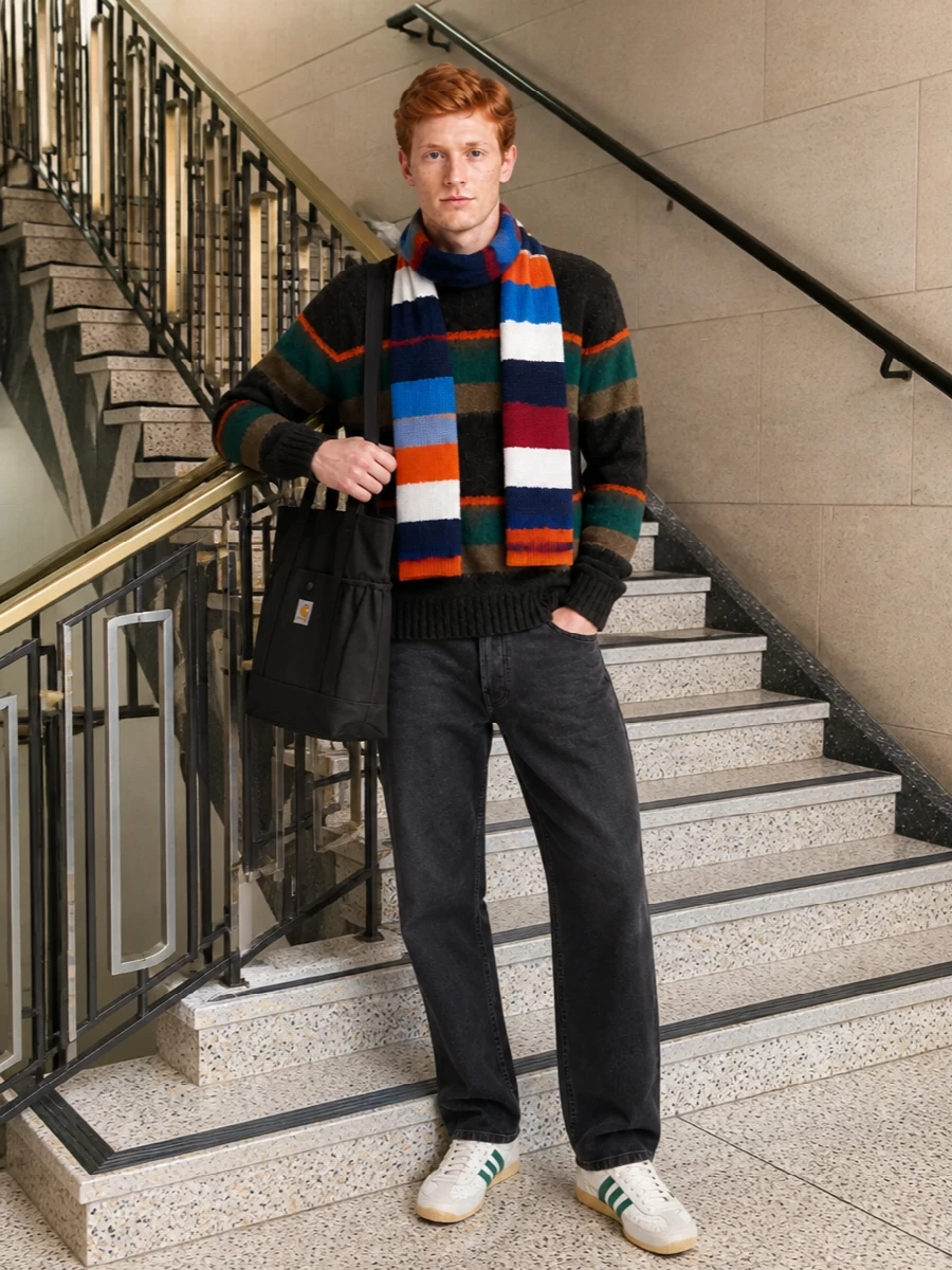 Charcoal stripes sit against washed-black denim for a low-key, workwear-leaning base that still feels considered. Forest-green and burnt-orange accents are picked up again at the scarf and trainers, tying the colour story together without getting loud. The mix of plush knit, sturdy denim and clean leather-sport footwear keeps it autumn-ready and easy to wear from city days to pub nights.