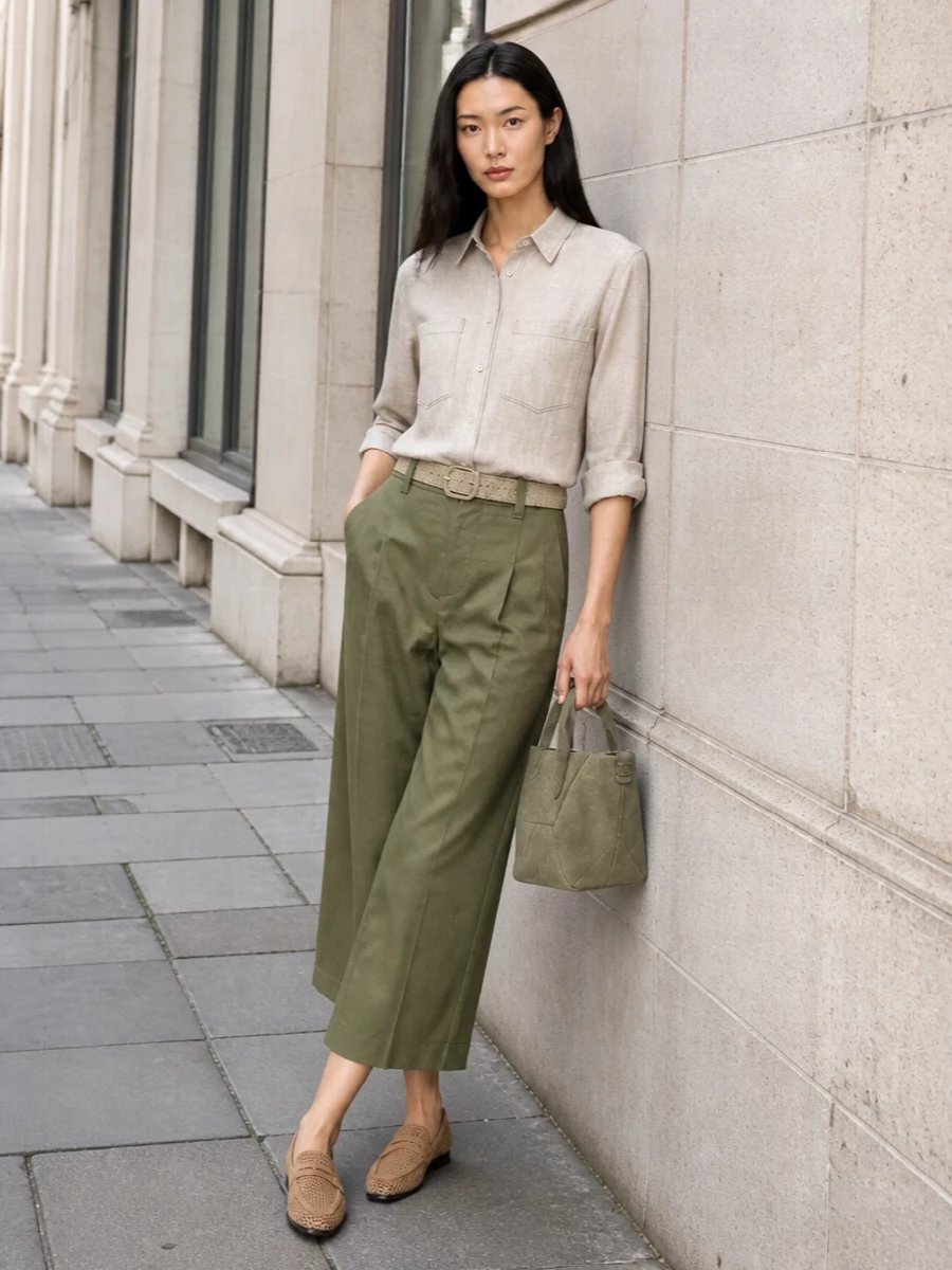 Cropped olive wide-leg trousers are grounded with a light taupe utility-inspired shirt, creating a tonal, softly tailored column that feels relaxed yet refined. Perforated sand loafers and a compact moss-taupe tote keep the look airy and polished for SS days, while a braided belt adds just enough structure at the waist. The result is an effortless, quietly luxurious ensemble that moves seamlessly from desk to understated dinner.