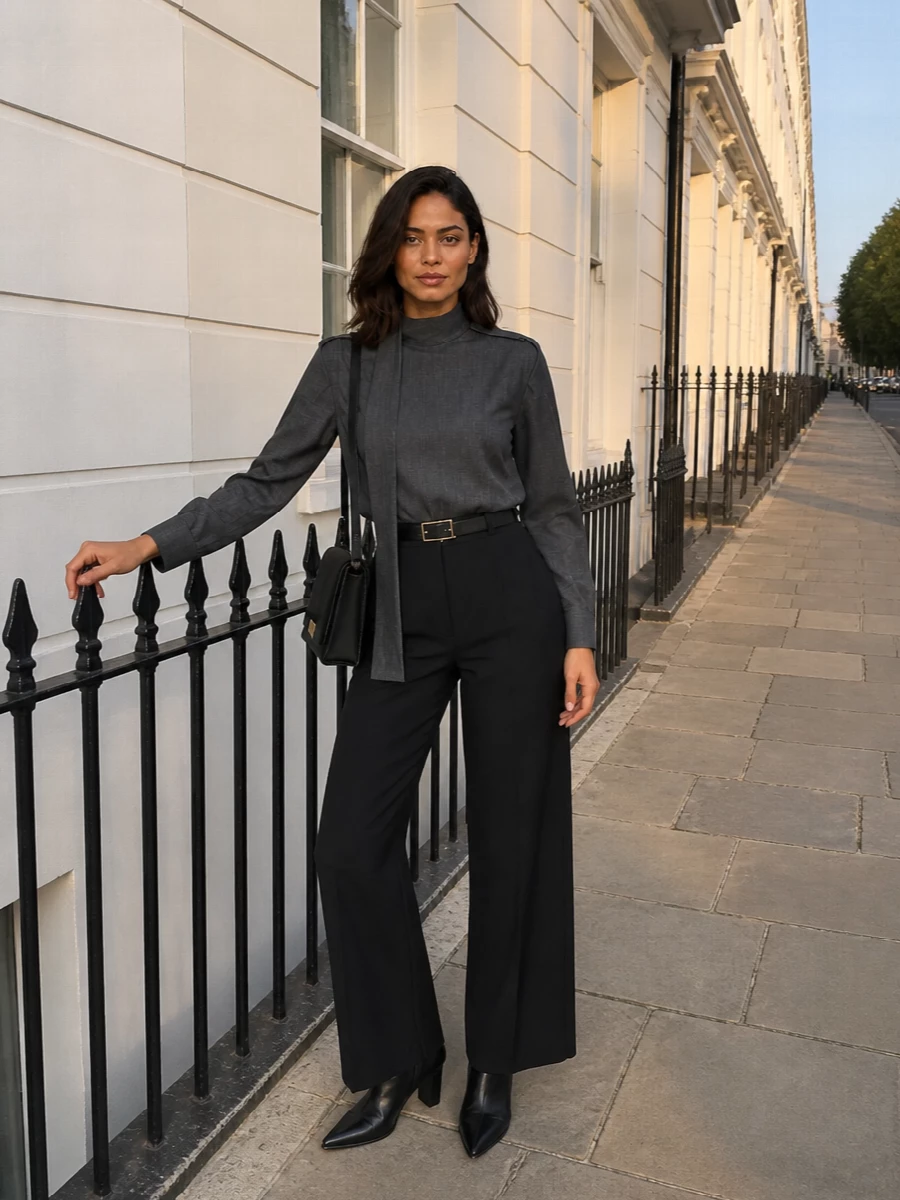 Jil sander black wide leg trousers charcoal shirt