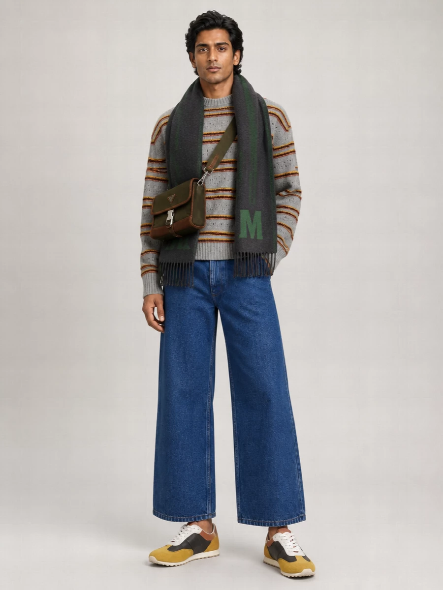 Marni Cashmere Open Knit Striped Crew Neck Long Sleeve Sweater