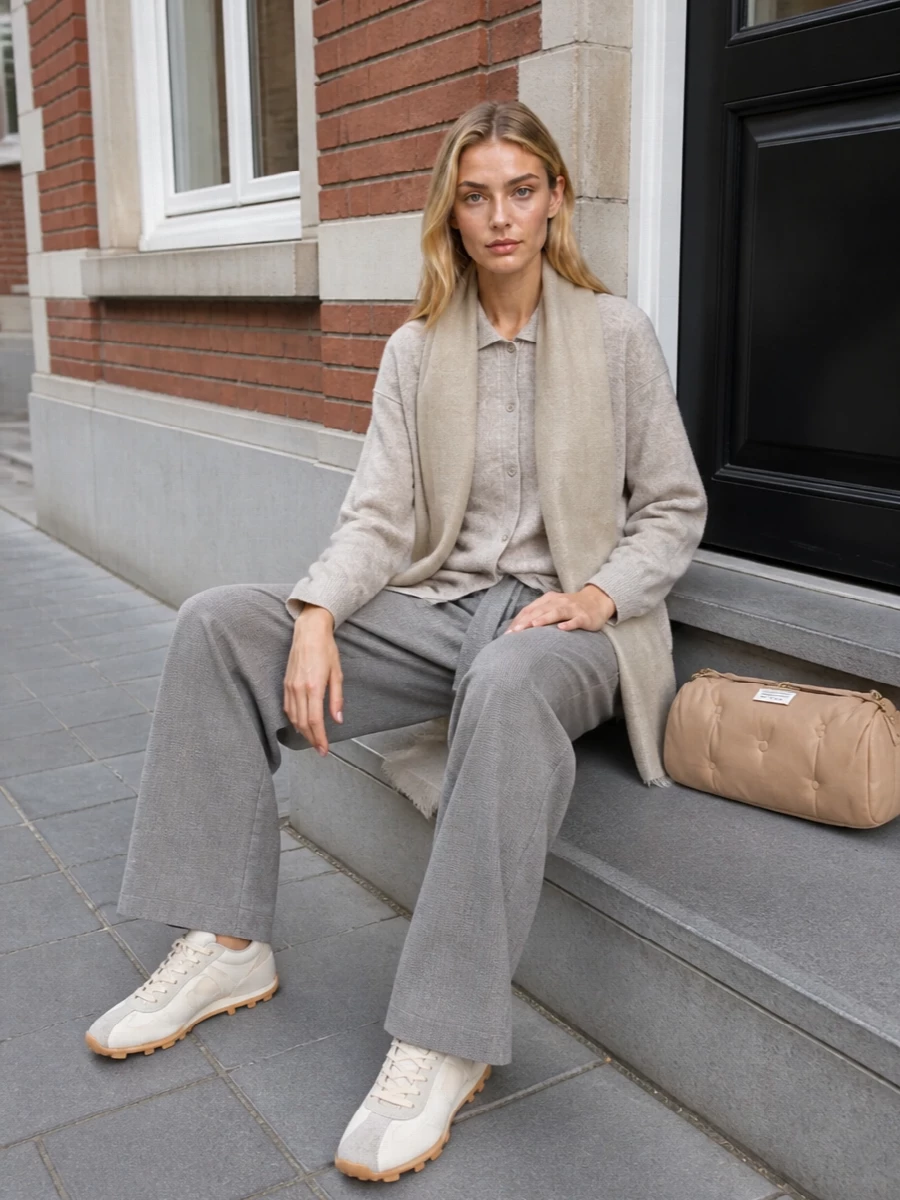 Max mara grey wide leg pants beige knit sneakers