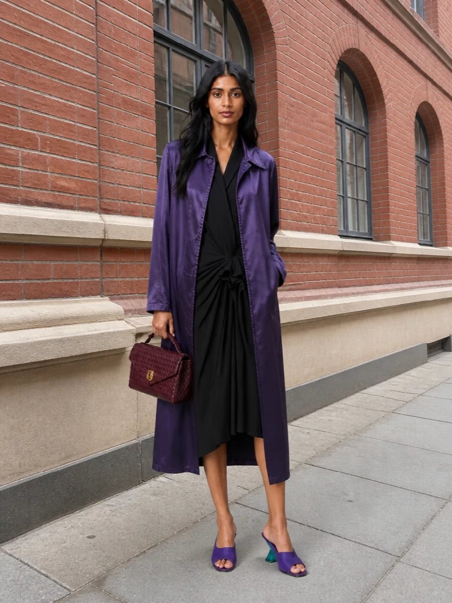 Anchoring the coat with a single black wrap dress keeps the line long and fluid, so the violet reads as controlled drama rather than excess. Sculptural purple mules and a compact burgundy shoulder bag reinforce the gallery‑evening mood, all within a deep, jewel-tone story that feels assured rather than shouty.
