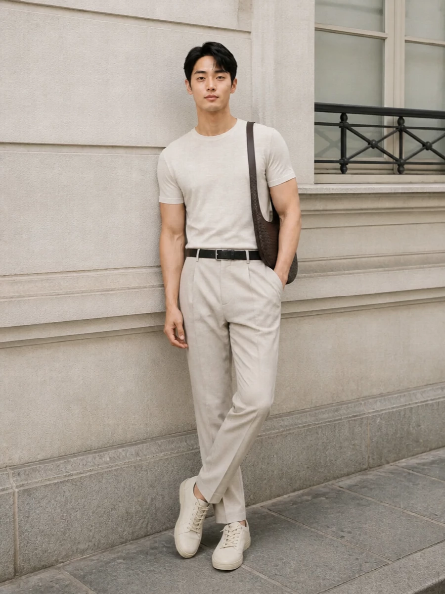 This look builds a quietly luxurious summer uniform around the stone Brunello knit tee, pairing it with light stone pleated trousers for a soft, tailored line that feels polished yet easy. Sand suede sneakers keep the palette airy and relaxed, while the espresso intrecciato crossbody and refined black belt add just enough depth and structure to maintain a composed, modern finish. It’s an understated, tonal ensemble ideal for sunlit city days, terrace lunches, or relaxed dinners where ease and refinement need to coexist.