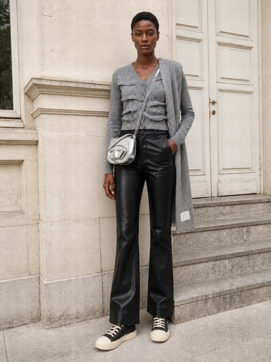 Diesel cropped cardigan black flared pants outfit