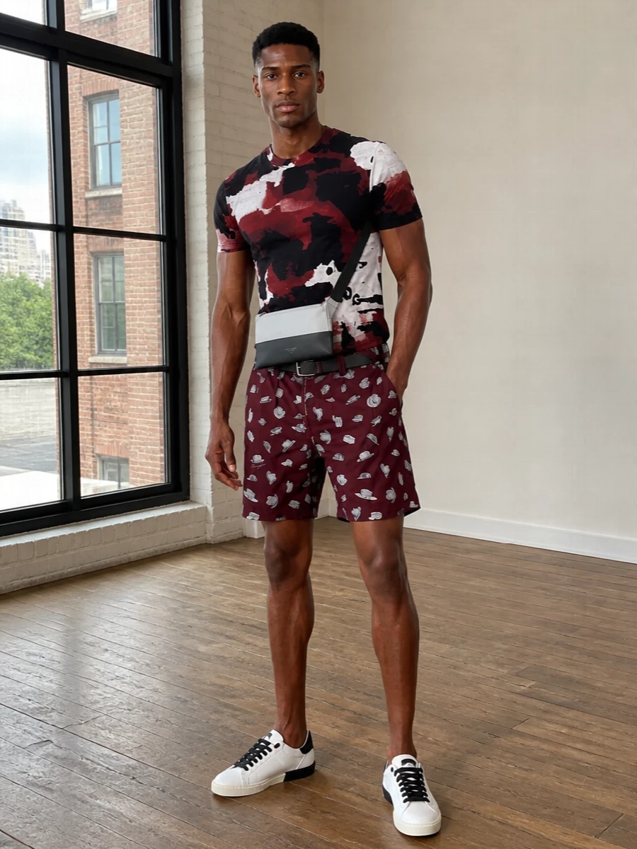 Dolce gabbana burgundy print shorts outfit
