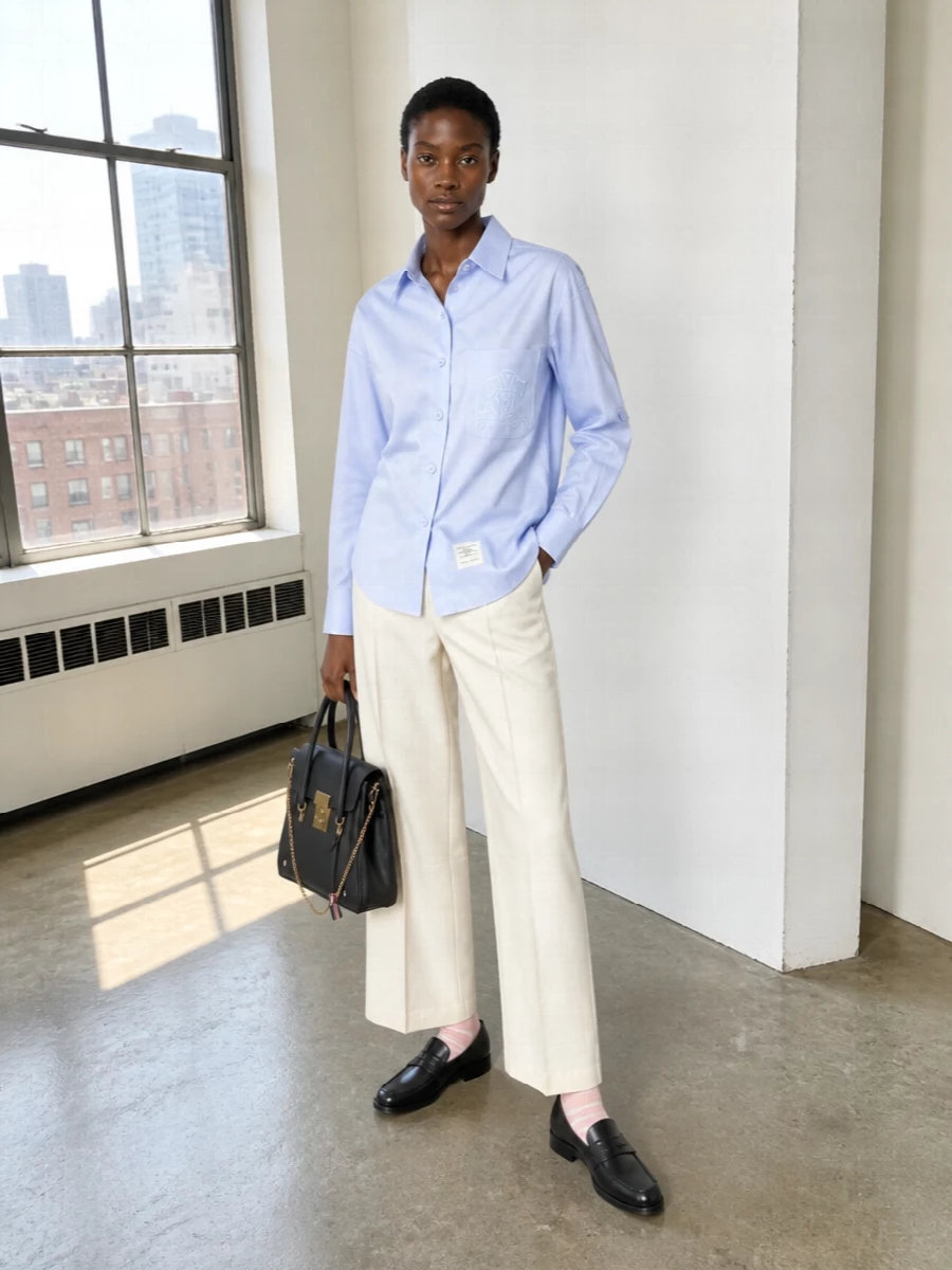 Thom browne blue shirt ivory wide leg trousers