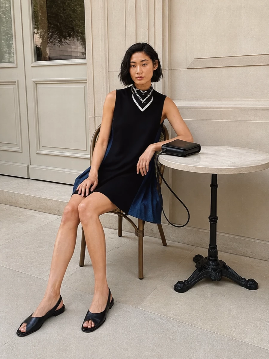 Sacai black denim mini dress jacquemus bag