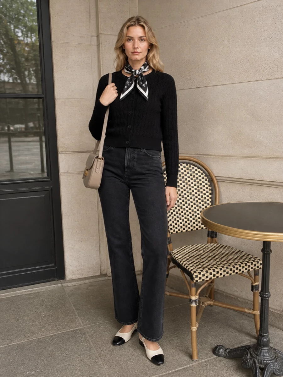 Loulou Studio’s textured black cardigan sits against washed black denim for a slim, tonal base that feels relaxed yet considered. Cream and black slingbacks and a taupe cross-body soften the darkness without breaking the minimalist line, while a graphic silk scarf quietly repeats the monochrome accents. The result is easy Parisian polish that works from coffee runs to casual dinners with a simple change of what you layer underneath.
