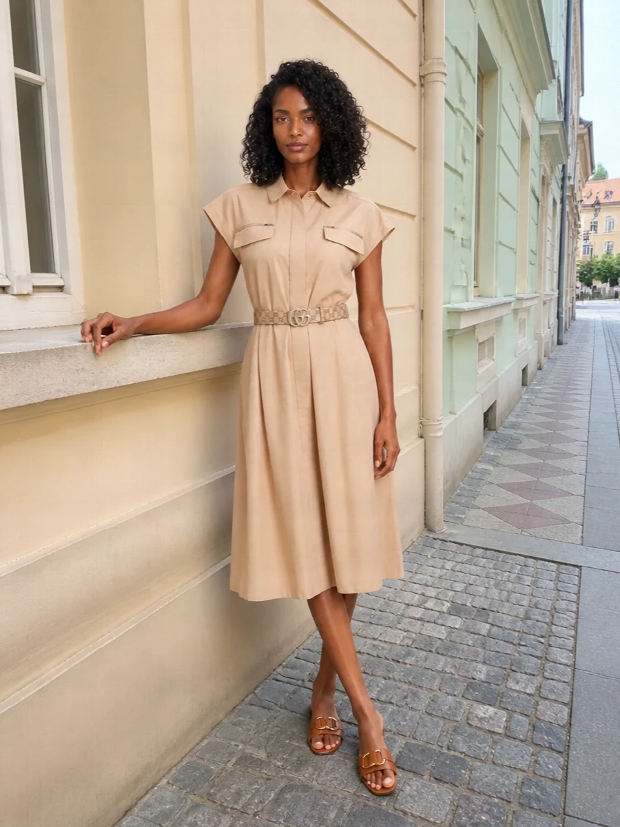I am building around the Gucci belt by choosing the shirt-dress path, treating it as a refined utility uniform rather than splitting attention with separate top and trouser. The sand Fabiana Filippi dress, swapped onto the Gucci belt, keeps everything in a single warm-neutral story, while Ferragamo slides and a structured chocolate bag add subtle texture and polish. The result is an understated, high-end day ensemble that moves easily from errands to low-key dinners without feeling logo-heavy or over-styled.