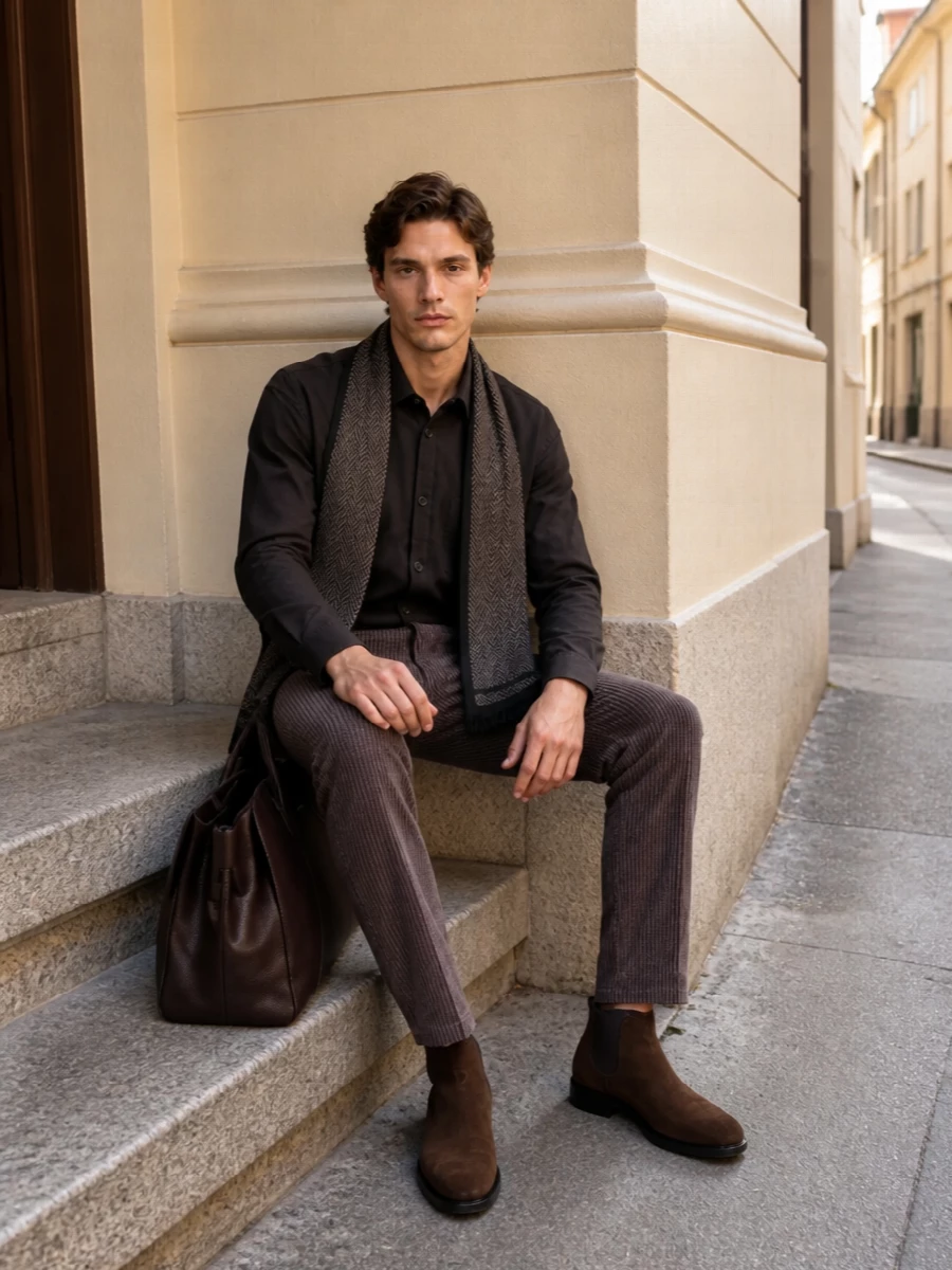 Giorgio armani brown shirt tailored trousers outfit