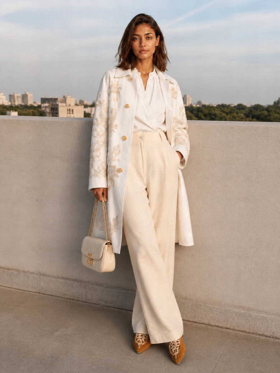Dries van noten embroidered coat ivory wide leg pants
