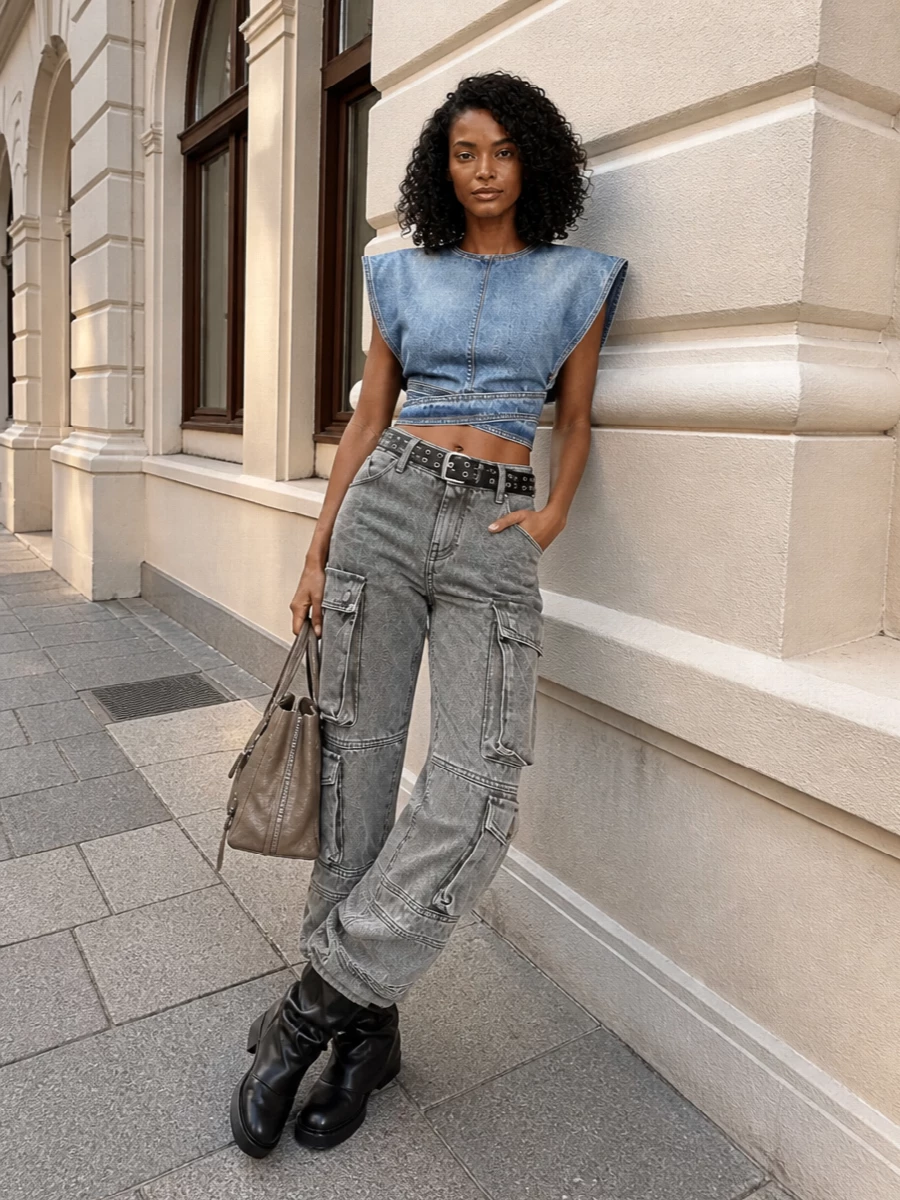 Attico cargo pants alaia denim top outfit