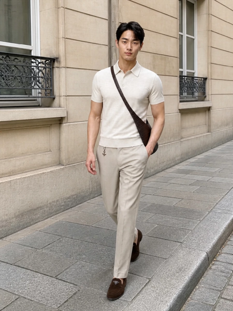 Quiet luxury knit polo beige trousers outfit