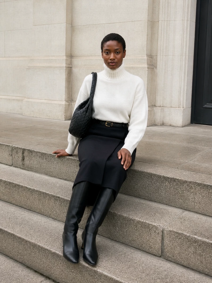 Bottega veneta black wrap skirt ivory turtleneck