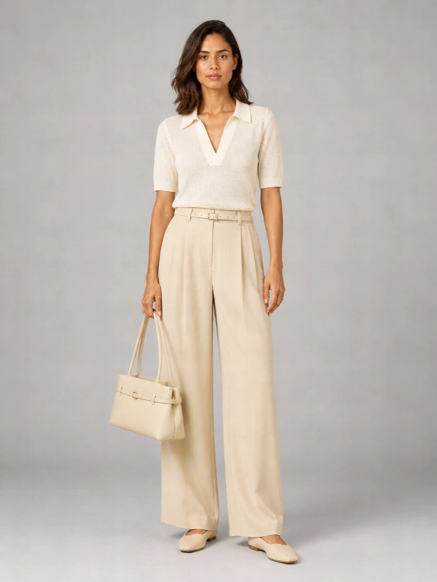 Light-beige wide-leg tailoring is grounded with an ivory knit polo for a soft, clean column of neutrals. Buttercream flats and a structured shoulder bag keep the mood polished but easy, while a slim tonal belt quietly defines the high waist. It is a calm, grown-up combination that moves from office to off-duty without a change of pieces.
