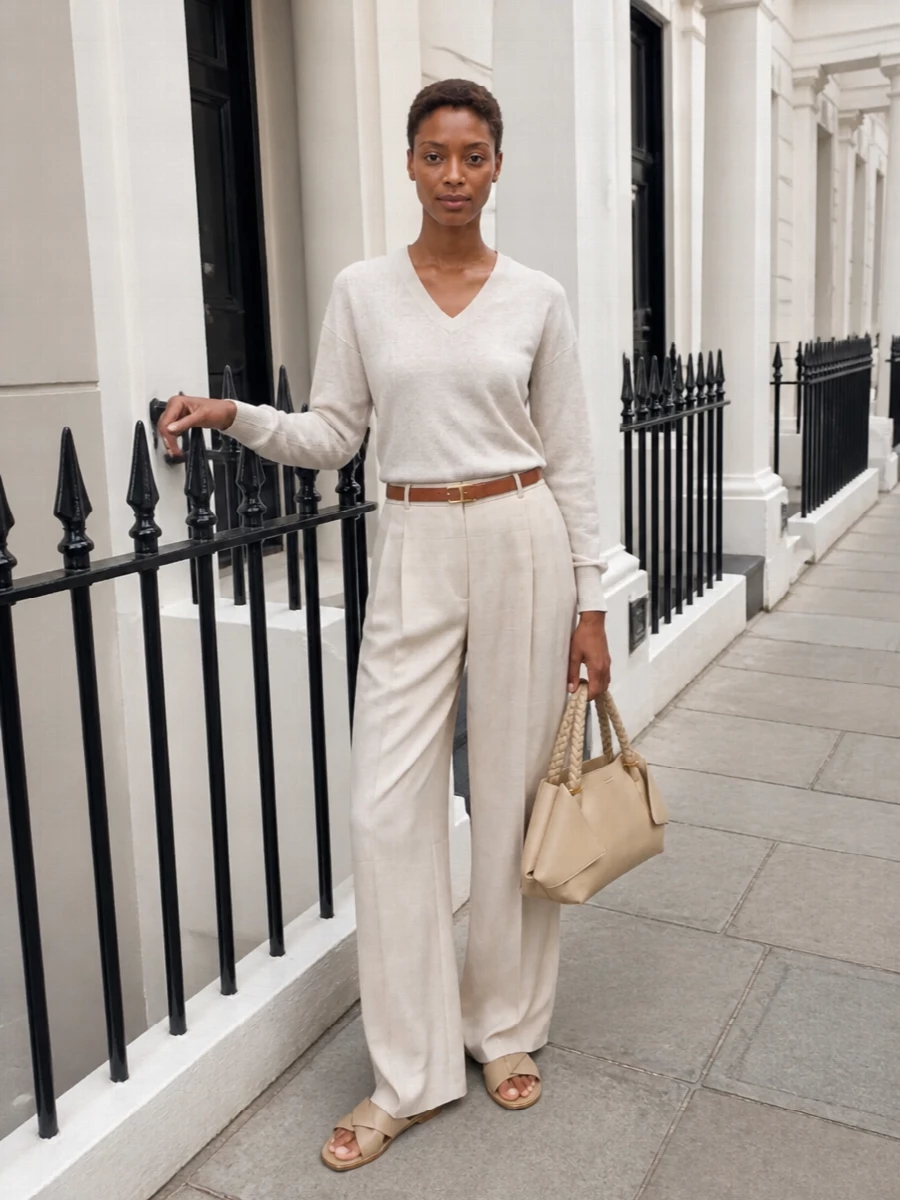 A softly tonal play of ecru and beige, this pairing keeps Fabiana Filippi’s wide-leg trouser in its comfort zone of quiet Italian ease. The relaxed V-neck knit and flat taupe slides keep the mood serene, while a slim tan belt and structured warm-beige top-handle bag add just enough definition for polished city days. It is easy, elongated and calm without ever feeling undone.