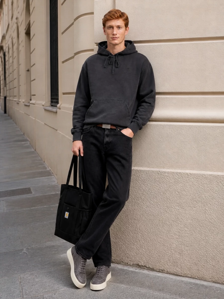 Carhartt hoodie black jeans grey sneakers
