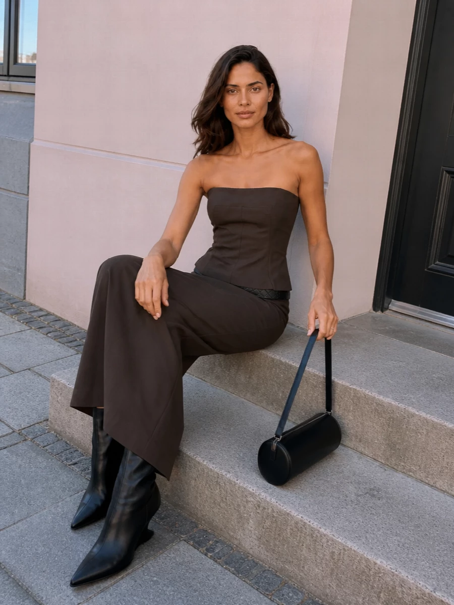 Rick owens brown strapless top column skirt