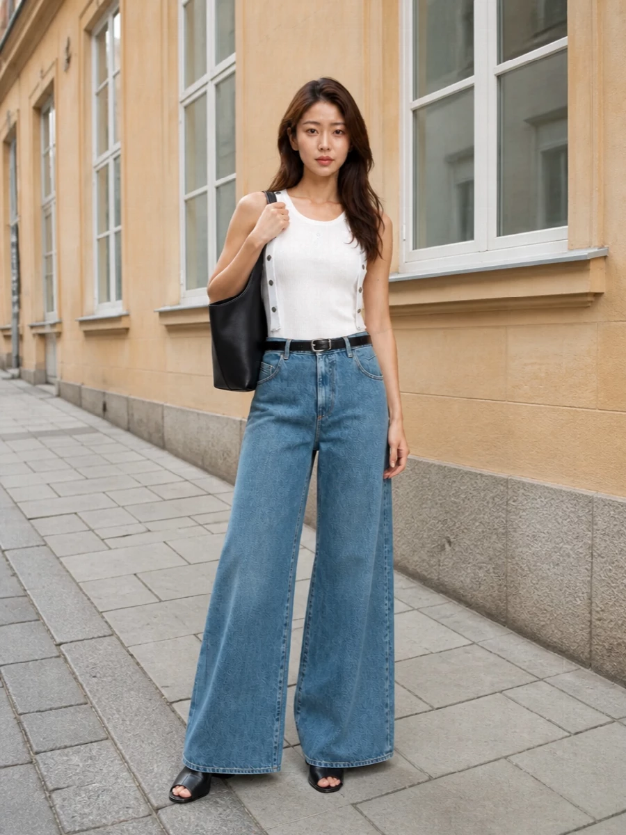 Attico wide leg jeans white tank wedge mules
