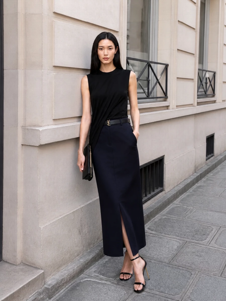 Tom ford asymmetric black blouse navy maxi skirt