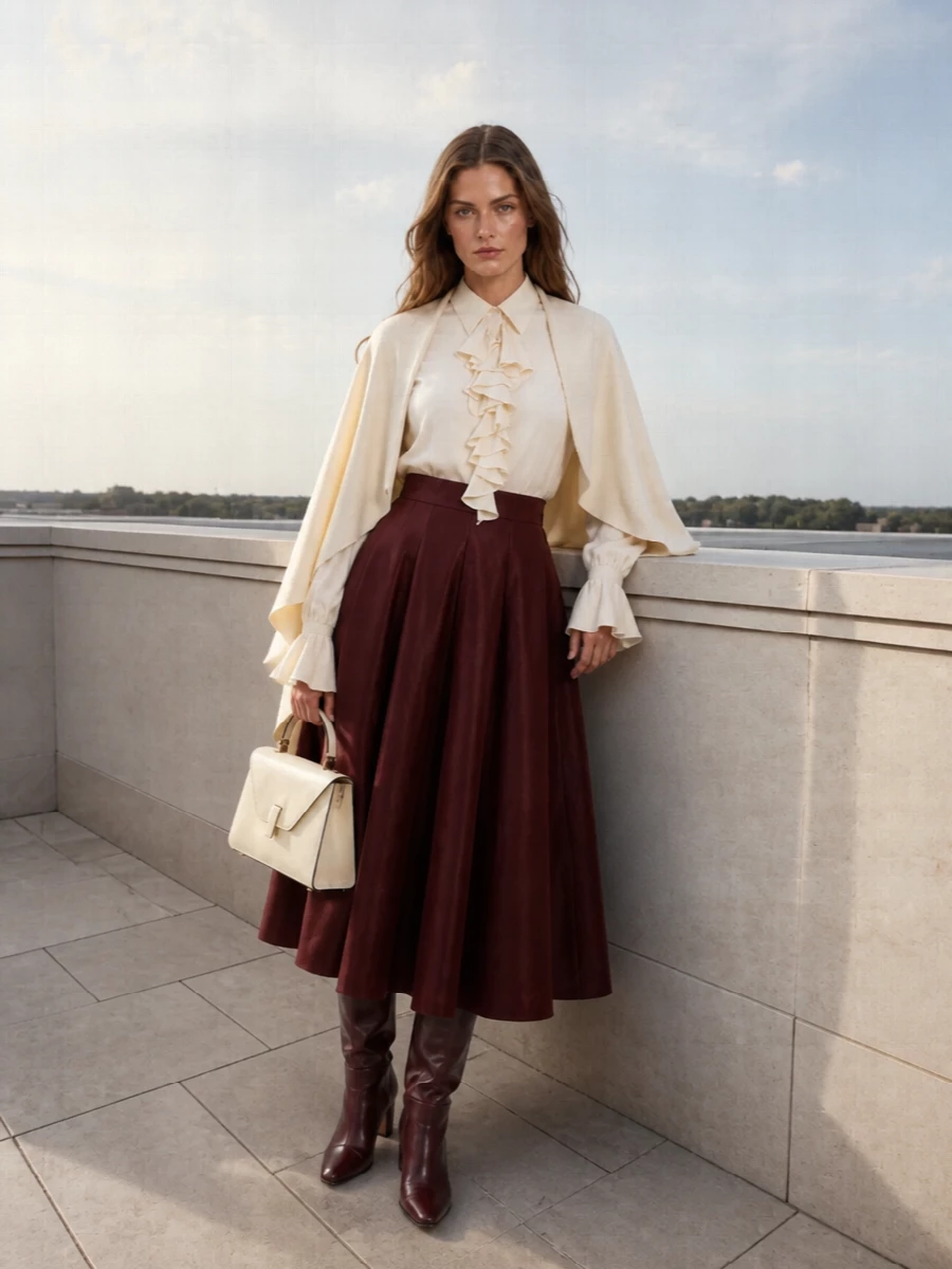 Alberta ferretti ruffled shirt burgundy midi outfit
