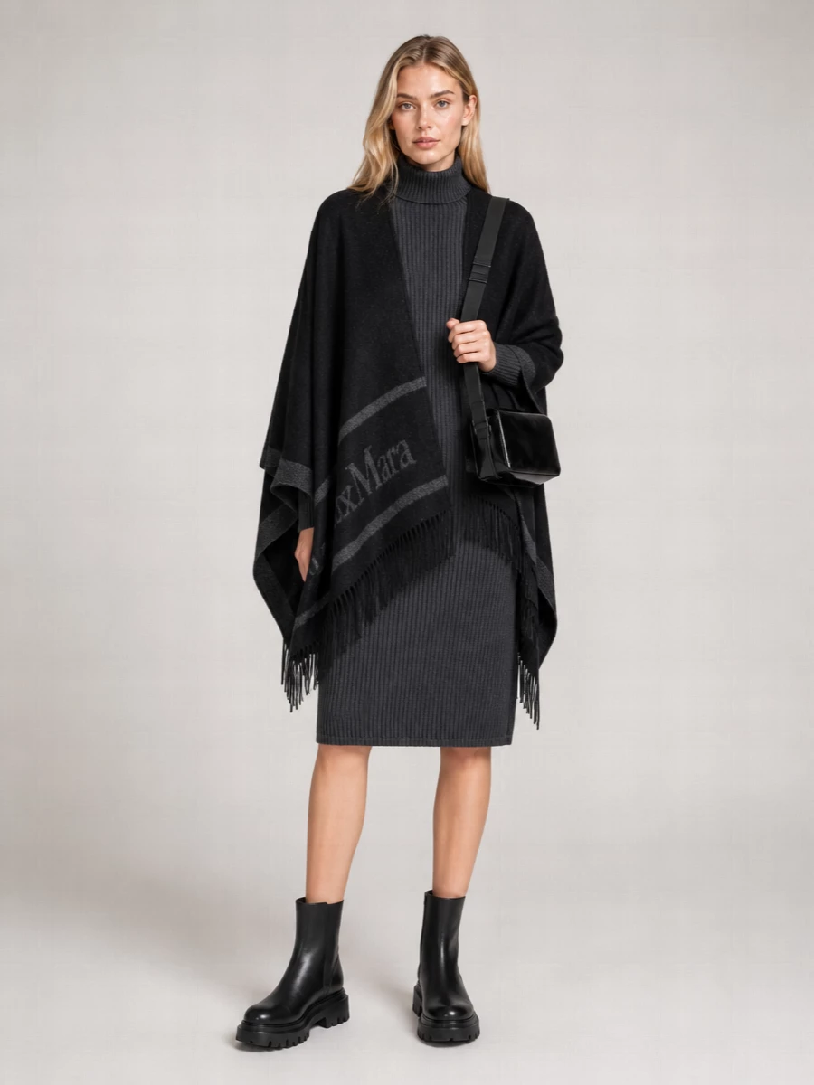 Max Mara 'Hilde' Poncho With Fringe And Contrast Trim
